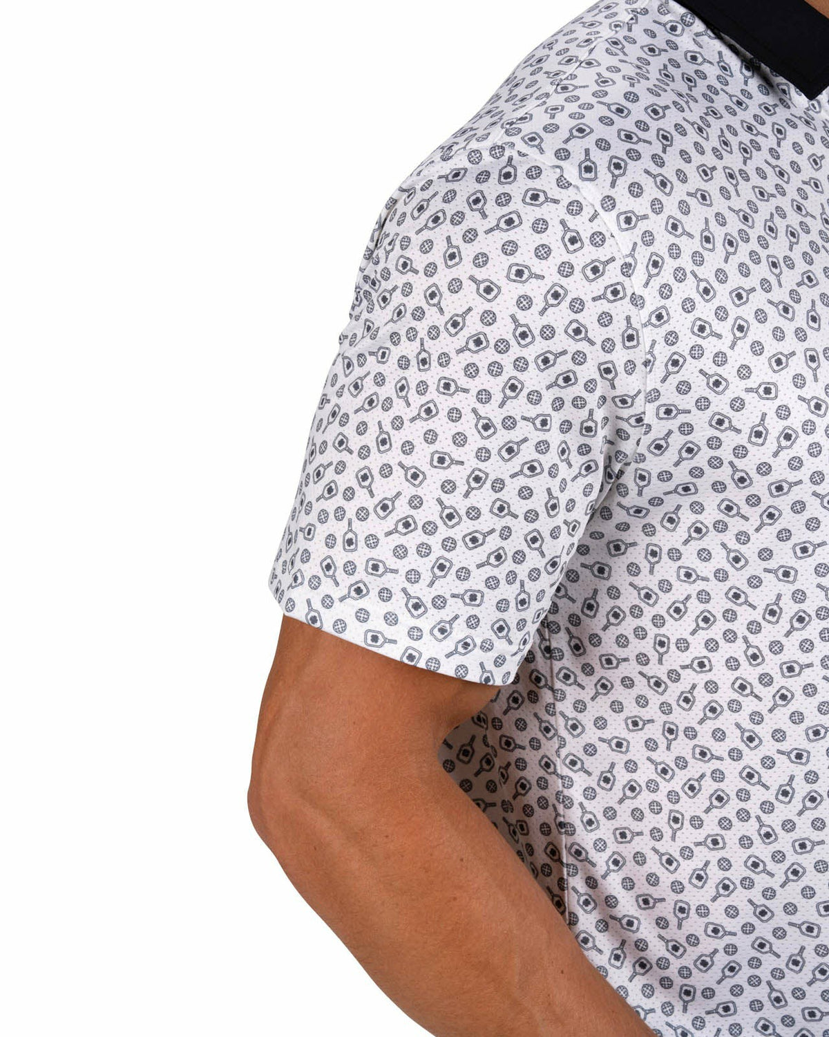 Men's Black and White Pickleball Themed Polo for Golf and Lifestyle