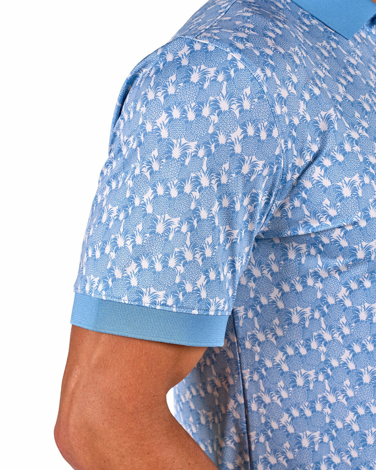 Soft Blue Pineapple-Print Tropical Polo for Vacation or Golf