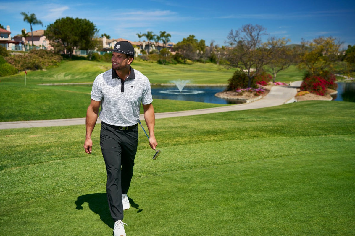 Modern Black and White Patterned Golf Polo with Black Collar and Placket
