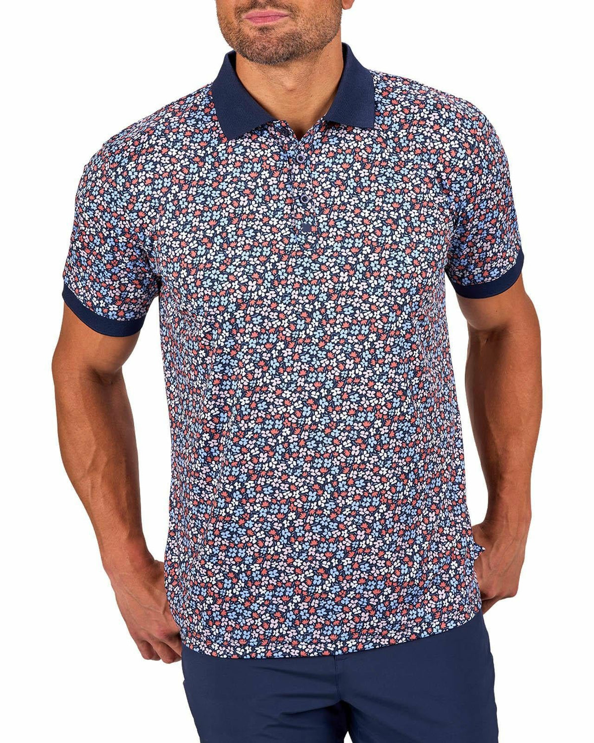 Men's Navy Perfomance Golf Polo with Wild Flower Pattern