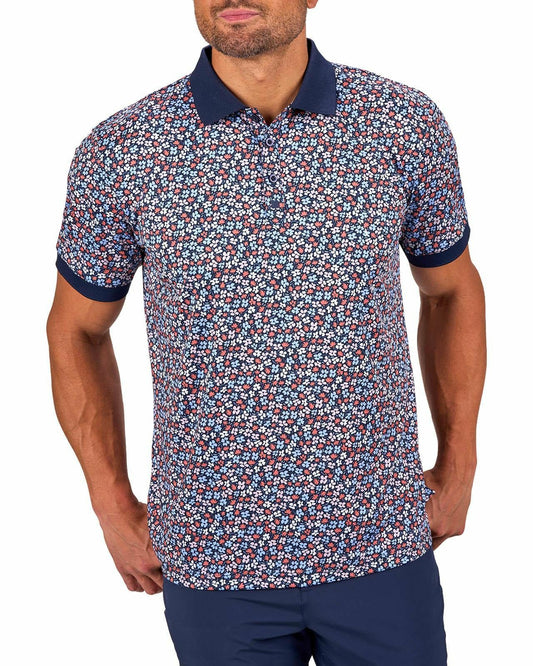 Men's Navy Perfomance Golf Polo with Wild Flower Pattern