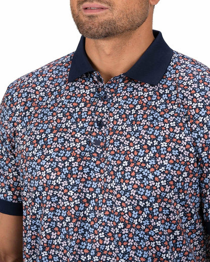 Men's Navy Perfomance Golf Polo with Wild Flower Pattern
