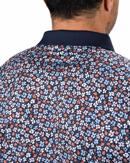 Men's Navy Perfomance Golf Polo with Wild Flower Pattern
