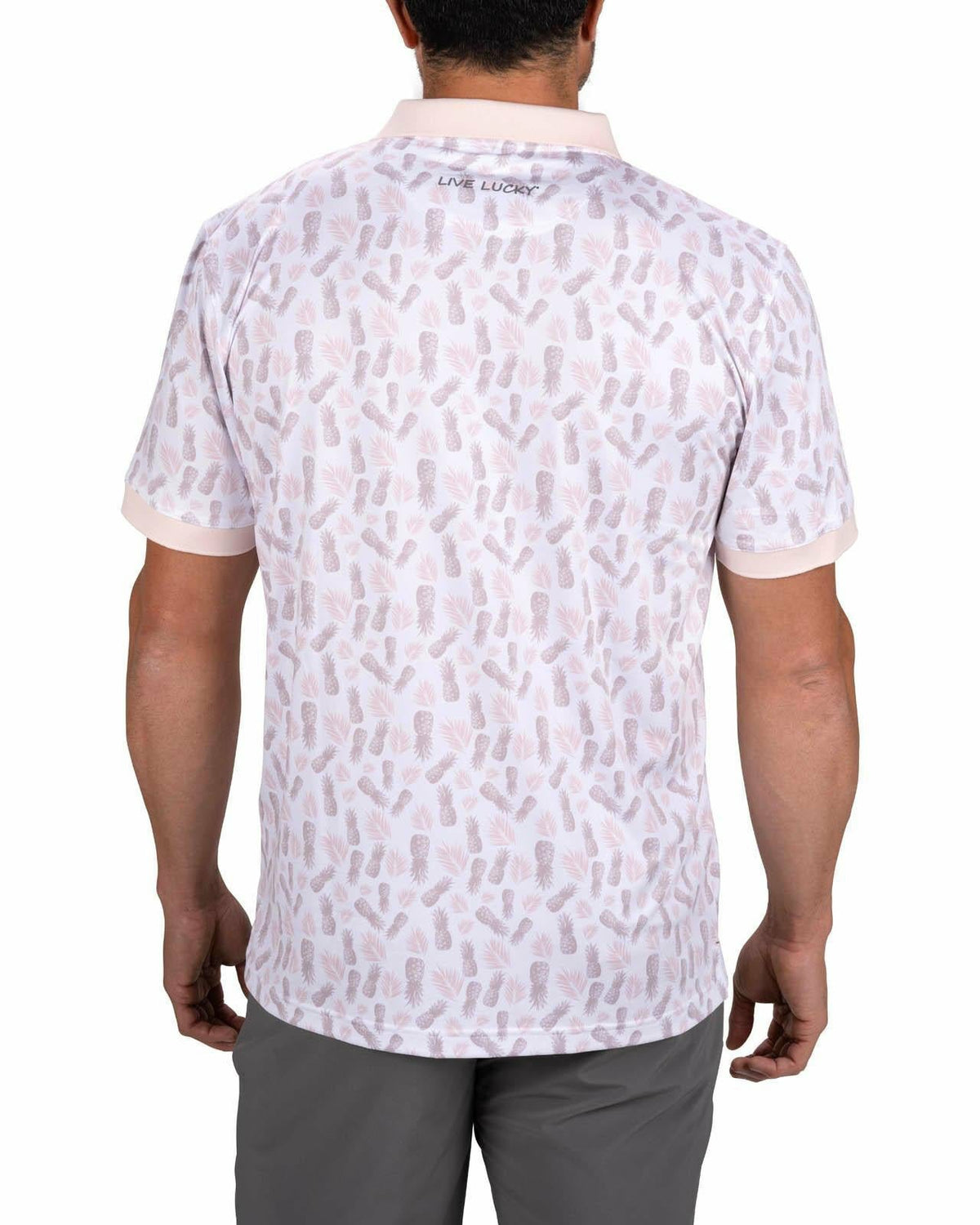 Tropical Men's Light Pink Golf Polo with Pineapple Pattern