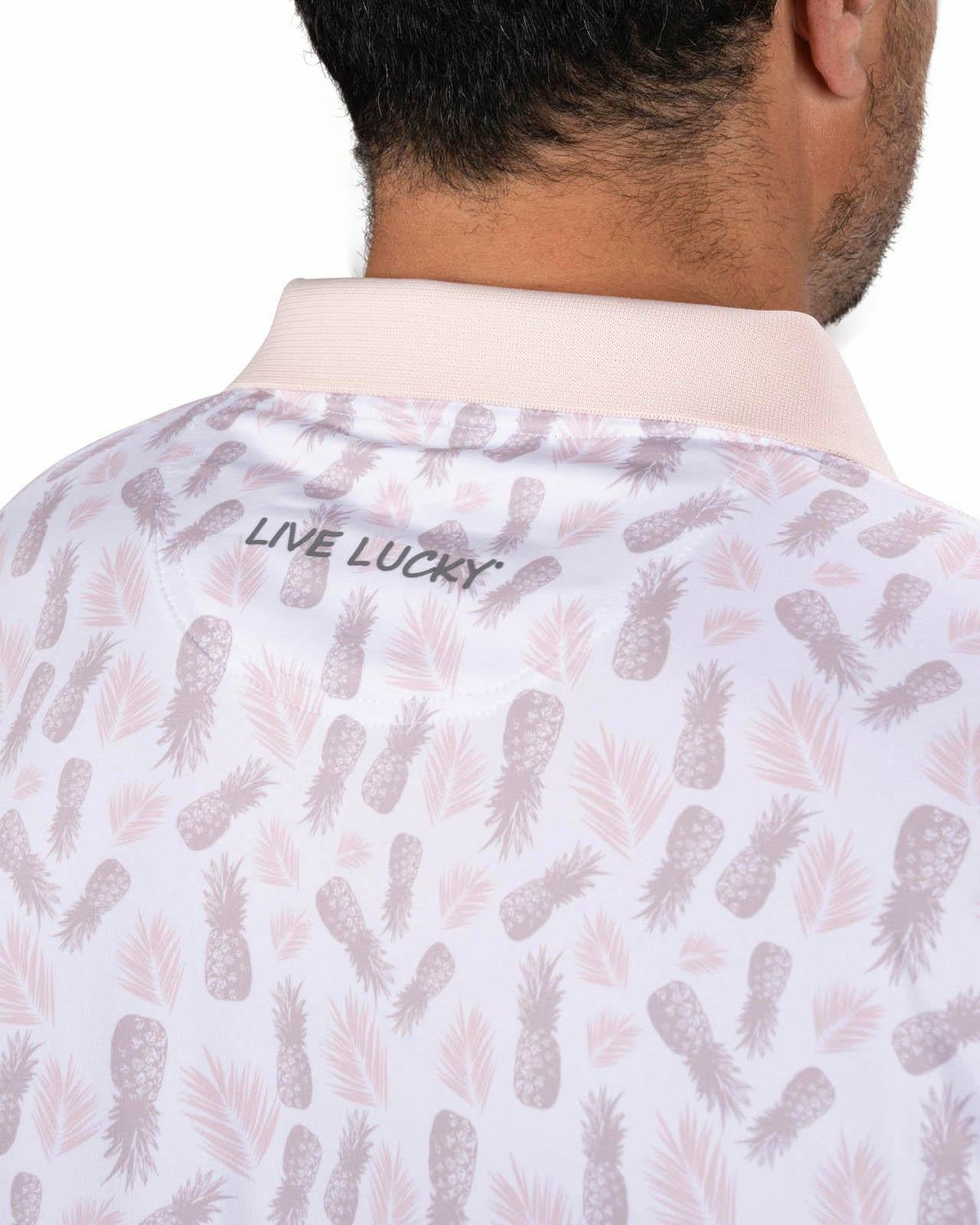Tropical Men's Light Pink Golf Polo with Pineapple Pattern