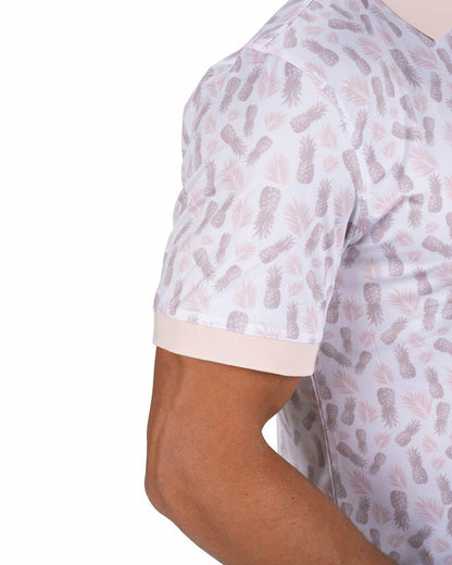Tropical Men's Light Pink Golf Polo with Pineapple Pattern