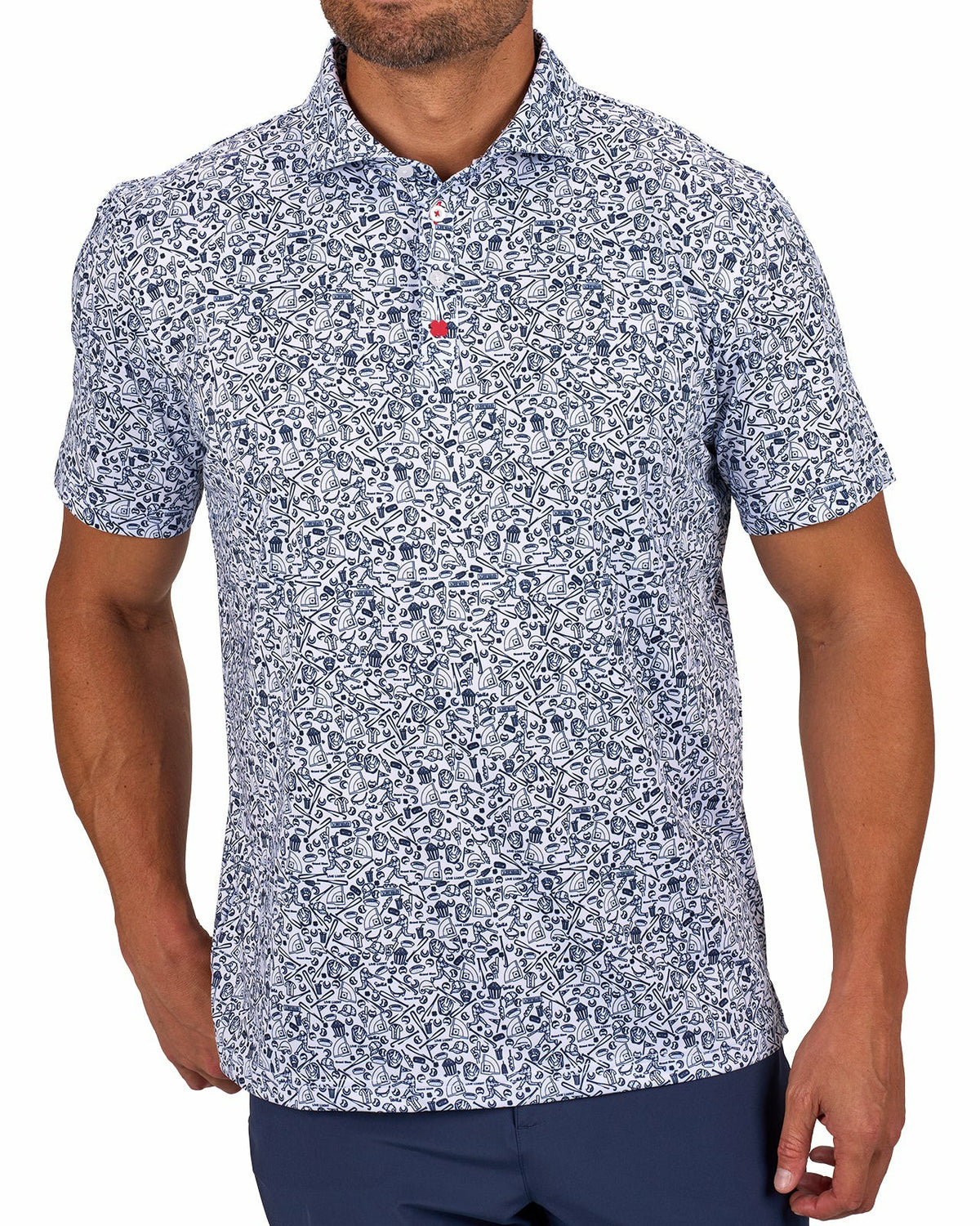 White and Blue Men's Baseball Themed Polo for Golf or Everyday Style