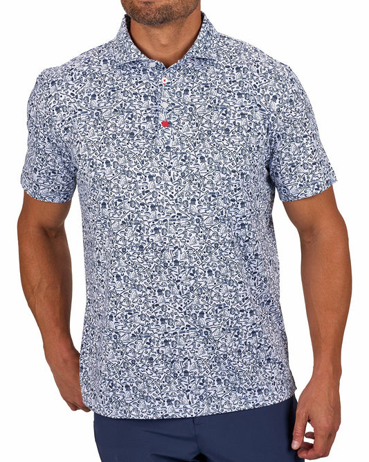White and Blue Men's Baseball Themed Polo for Golf or Everyday Style