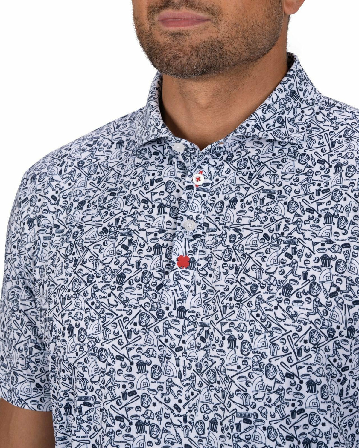 White and Blue Men's Baseball Themed Polo for Golf or Everyday Style