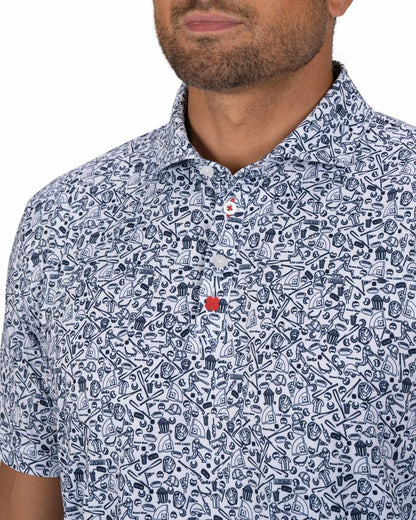 White and Blue Men's Baseball Themed Polo for Golf or Everyday Style