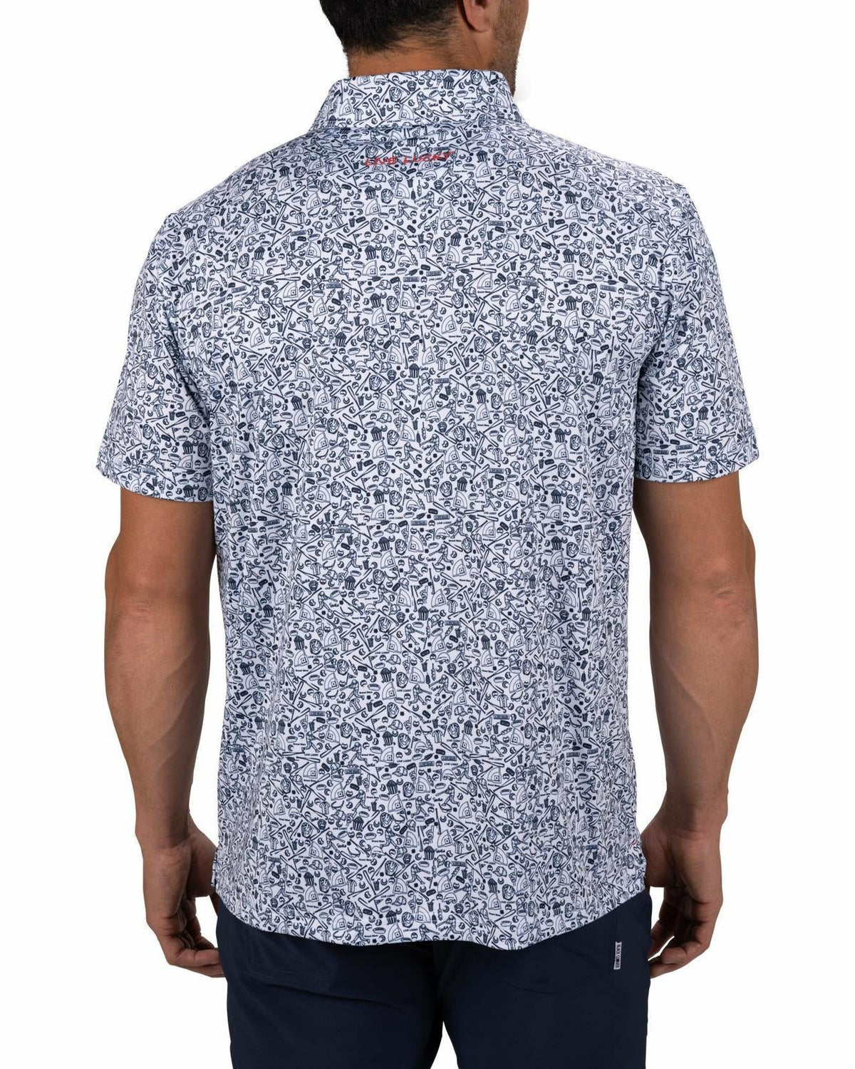 White and Blue Men's Baseball Themed Polo for Golf or Everyday Style