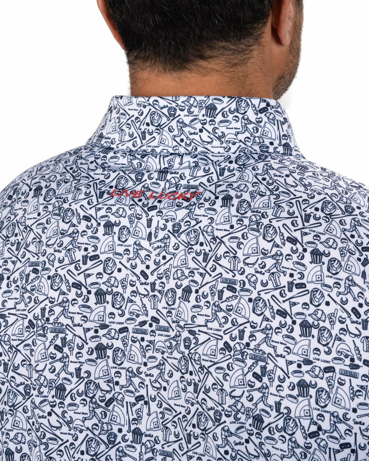 White and Blue Men's Baseball Themed Polo for Golf or Everyday Style
