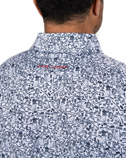 White and Blue Men's Baseball Themed Polo for Golf or Everyday Style