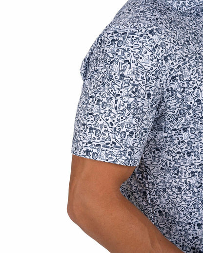 White and Blue Men's Baseball Themed Polo for Golf or Everyday Style