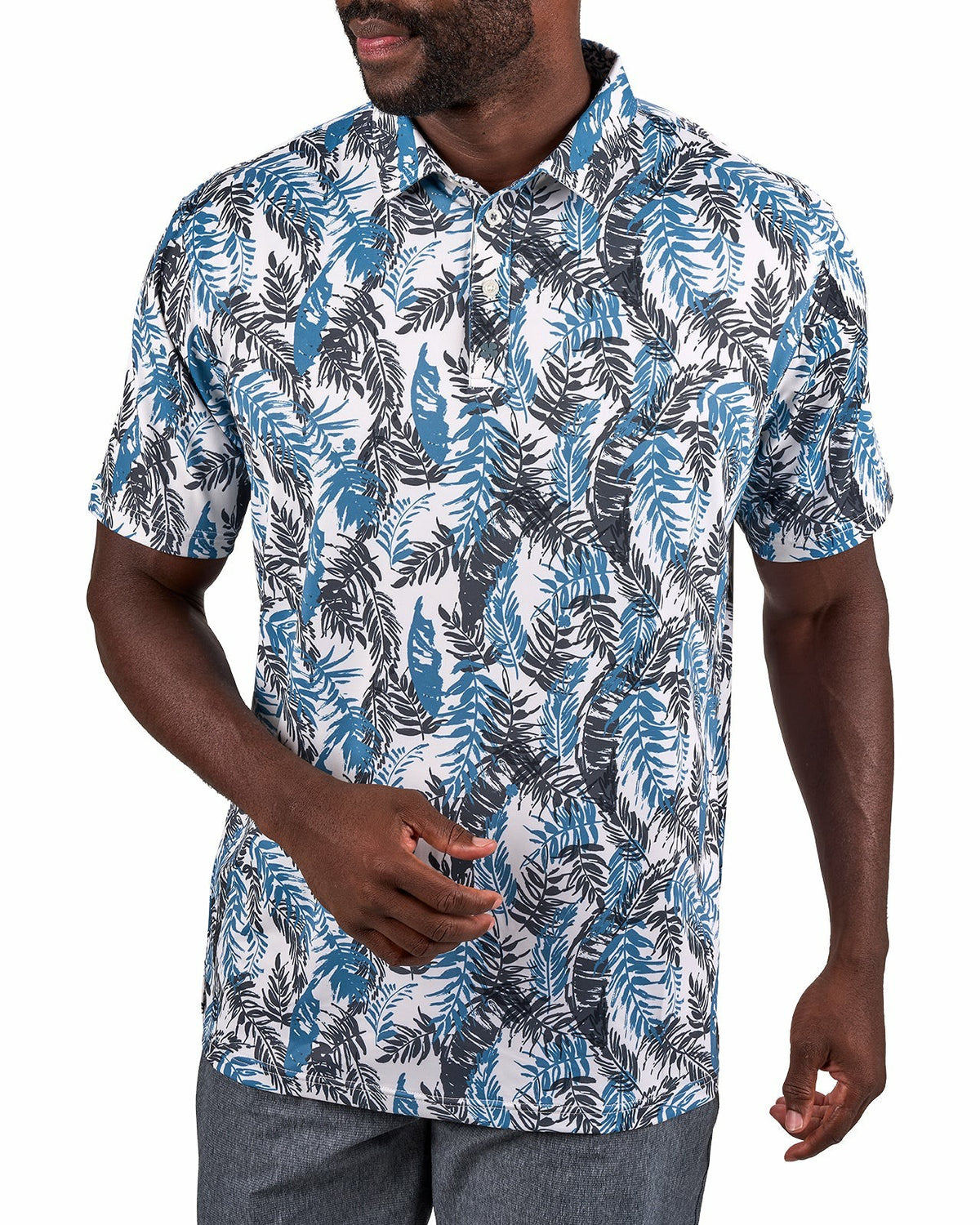 Blue and White Tropical Print Polo for Golf or Business