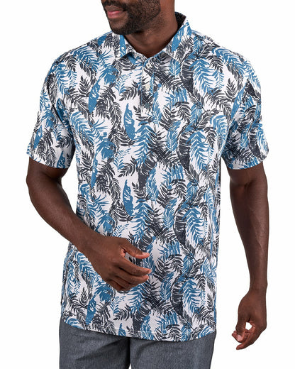 Blue and White Tropical Print Polo for Golf or Business