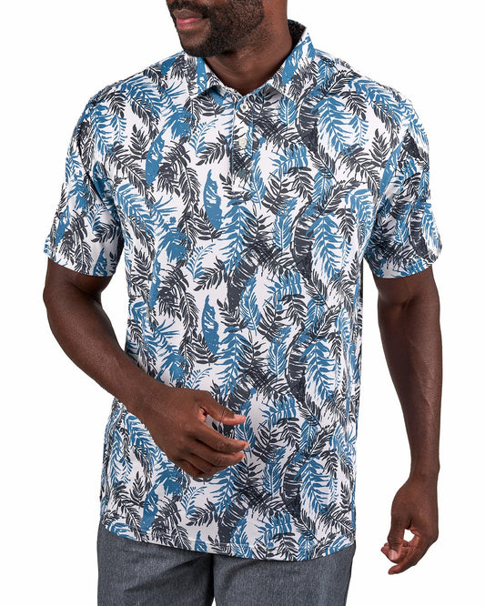 Blue and White Tropical Print Polo for Golf or Business