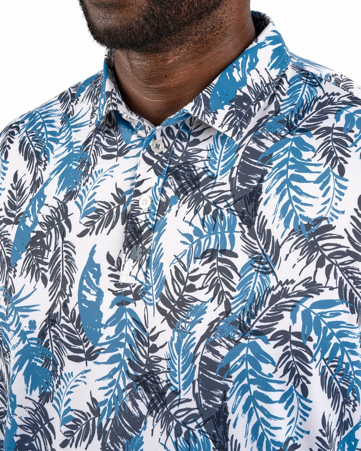 Blue and White Tropical Print Polo for Golf or Business
