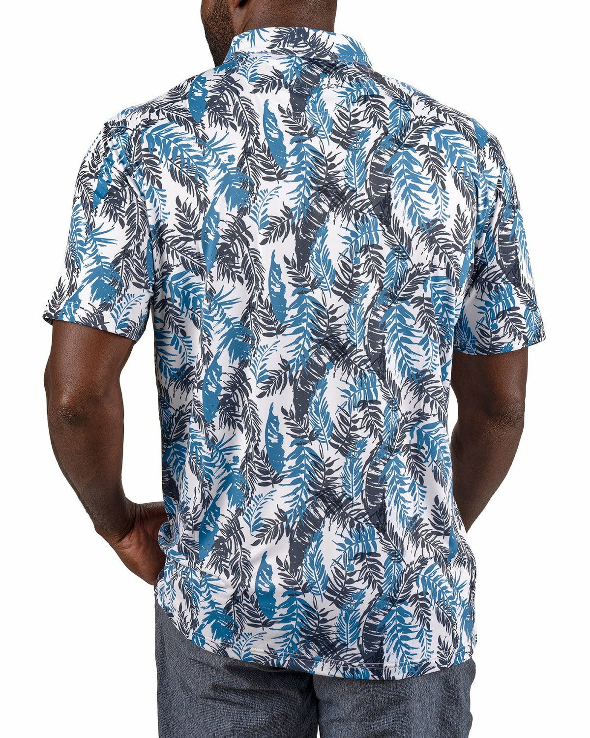 Blue and White Tropical Print Polo for Golf or Business