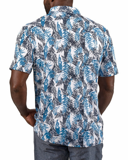 Blue and White Tropical Print Polo for Golf or Business