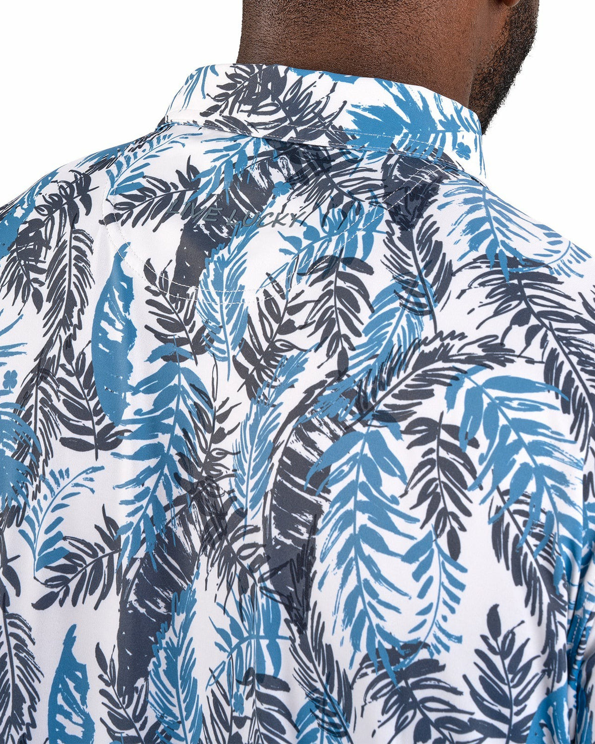 Blue and White Tropical Print Polo for Golf or Business