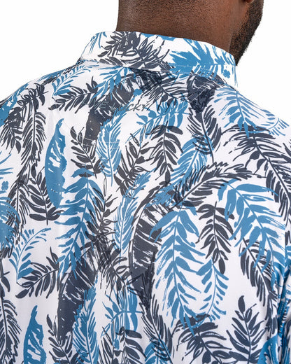 Blue and White Tropical Print Polo for Golf or Business