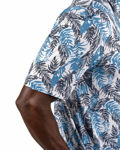 Blue and White Tropical Print Polo for Golf or Business