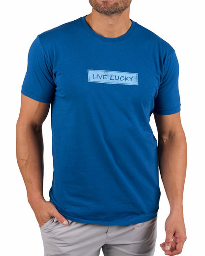 Super Soft Men's Blue Graphic Tee with Live Lucky Logo