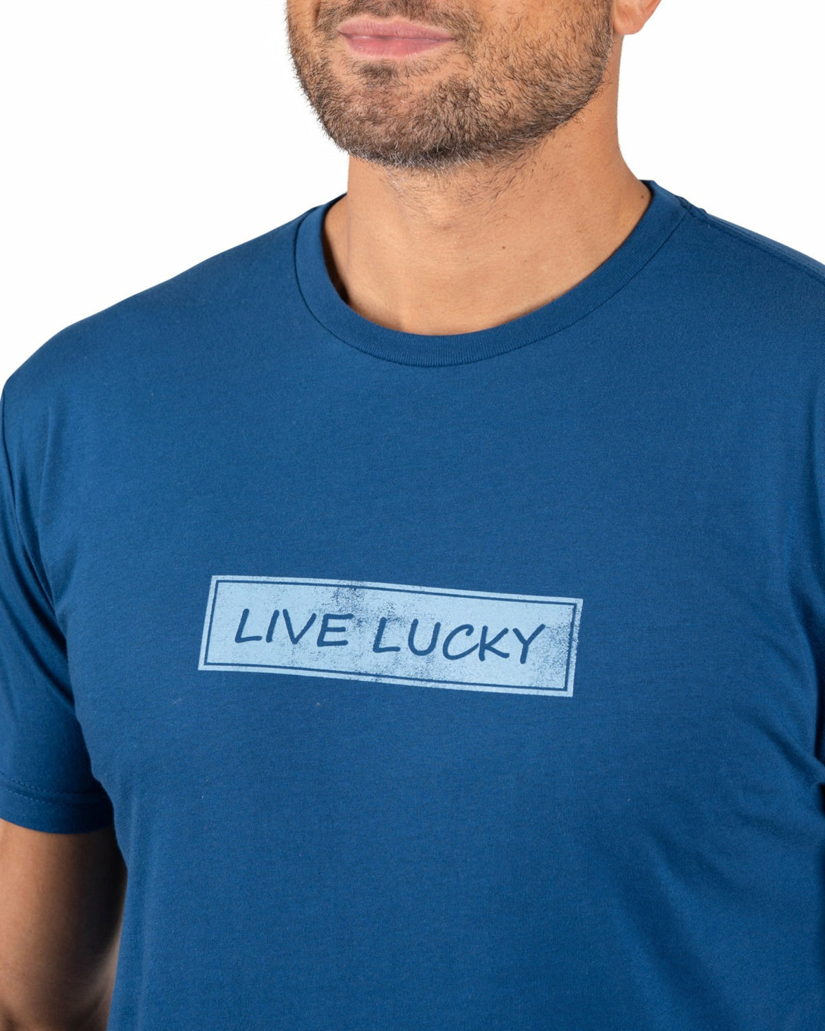 Super Soft Men's Blue Graphic Tee with Live Lucky Logo