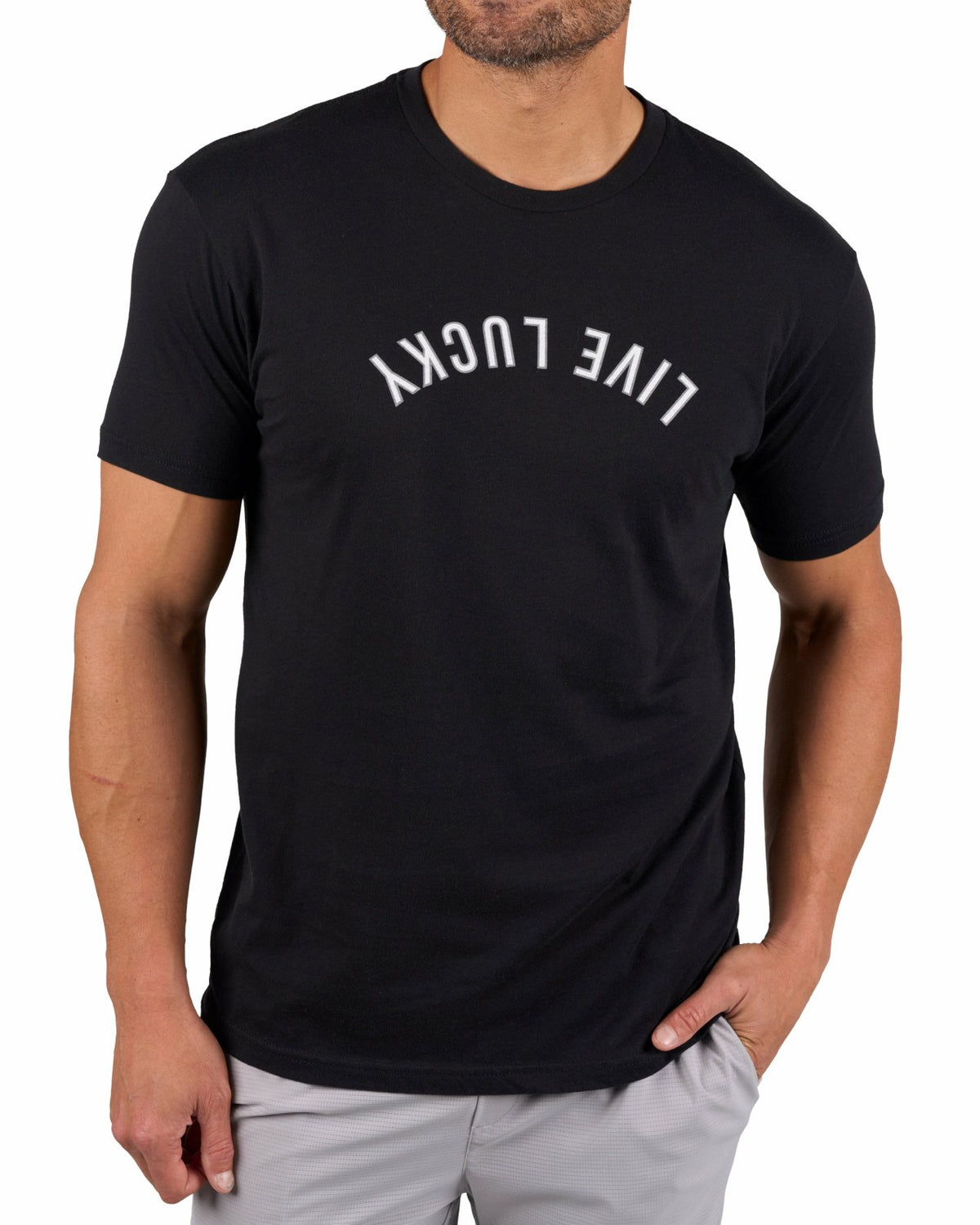 Retro Men's Black Graphic Tee with Upside Down Live Lucky Logo
