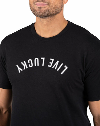 Retro Men's Black Graphic Tee with Upside Down Live Lucky Logo