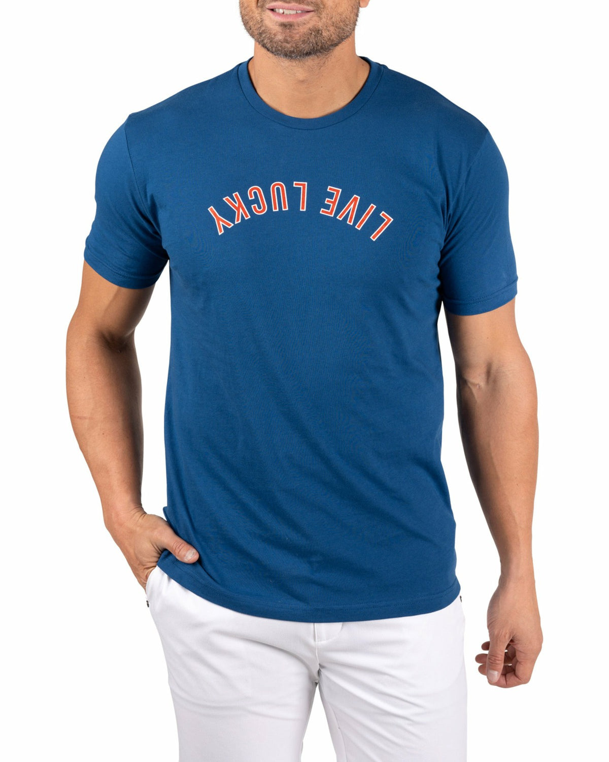 Retro Men's Blue Graphic Tee with Upside Down Live Lucky Logo