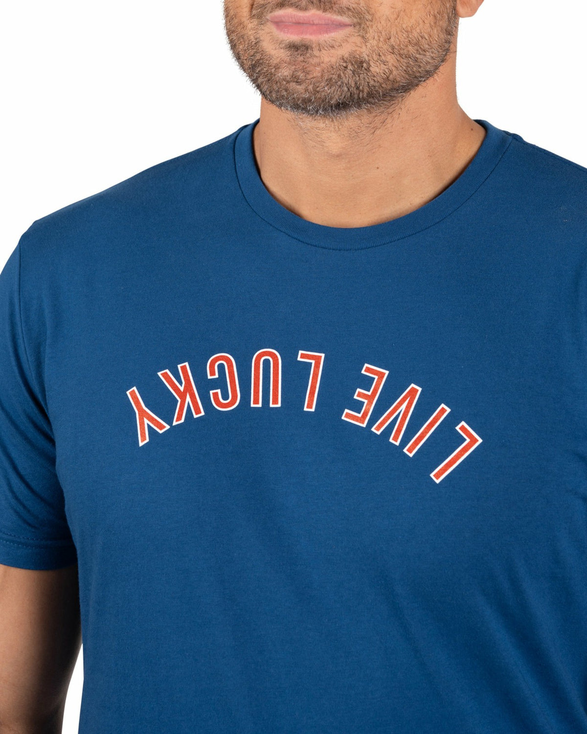 Retro Men's Blue Graphic Tee with Upside Down Live Lucky Logo