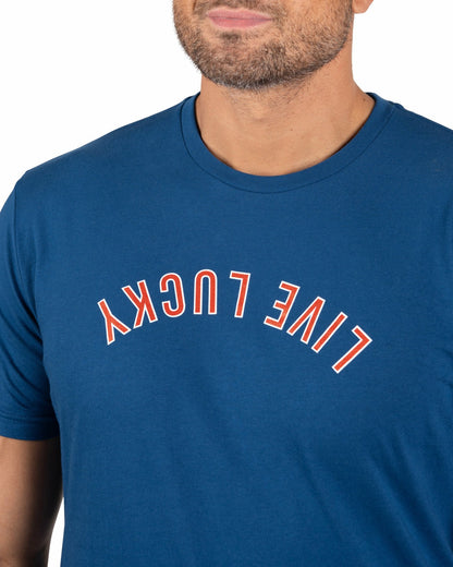 Retro Men's Blue Graphic Tee with Upside Down Live Lucky Logo