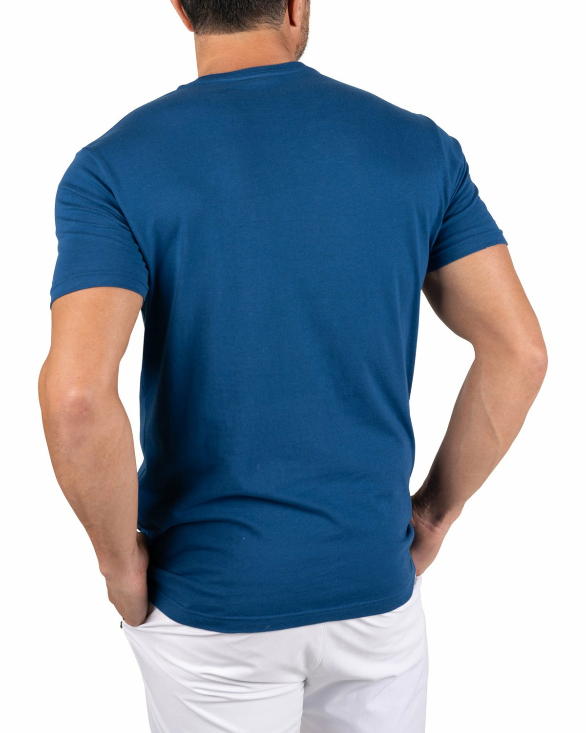 Retro Men's Blue Graphic Tee with Upside Down Live Lucky Logo