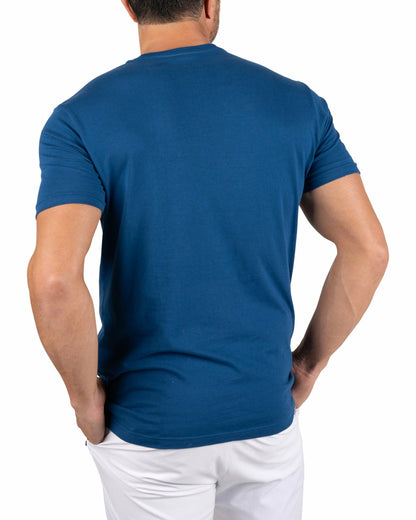 Retro Men's Blue Graphic Tee with Upside Down Live Lucky Logo