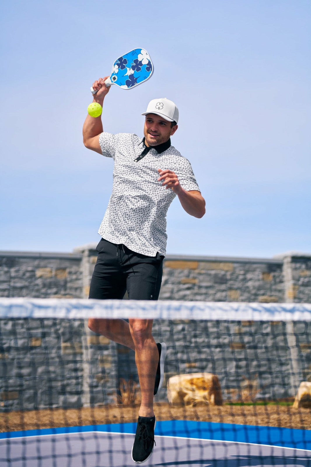 Men's Black and White Pickleball Themed Polo for Golf and Lifestyle