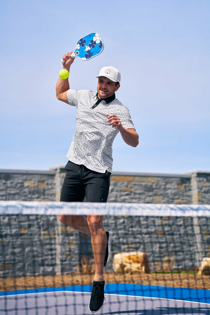 Men's Black and White Pickleball Themed Polo for Golf and Lifestyle
