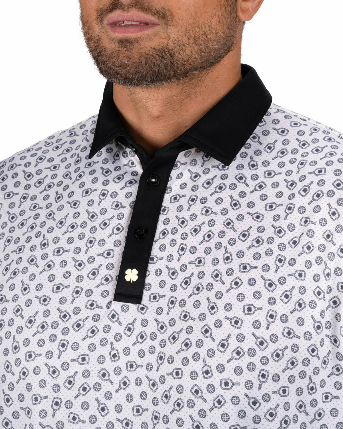 Men's Black and White Pickleball Themed Polo for Golf and Lifestyle
