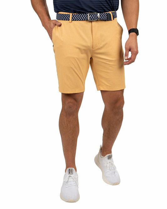 Men's 9" Textured Stretch Twill Mustard Yellow Shorts, Perfect for Golf or Business