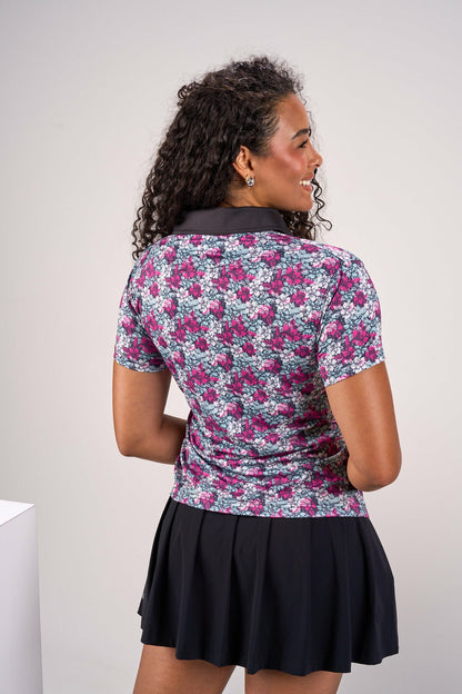 Women's Black and Pink Floral Golf or Tennis Polo