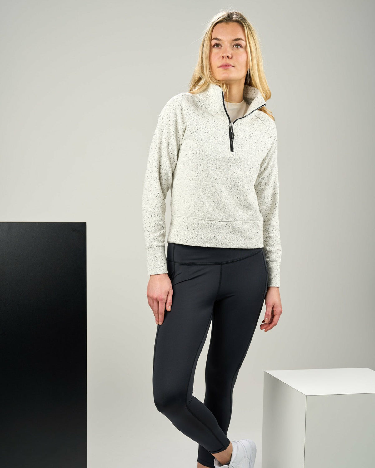 Women's White Textured Quarter-Zip Pullover