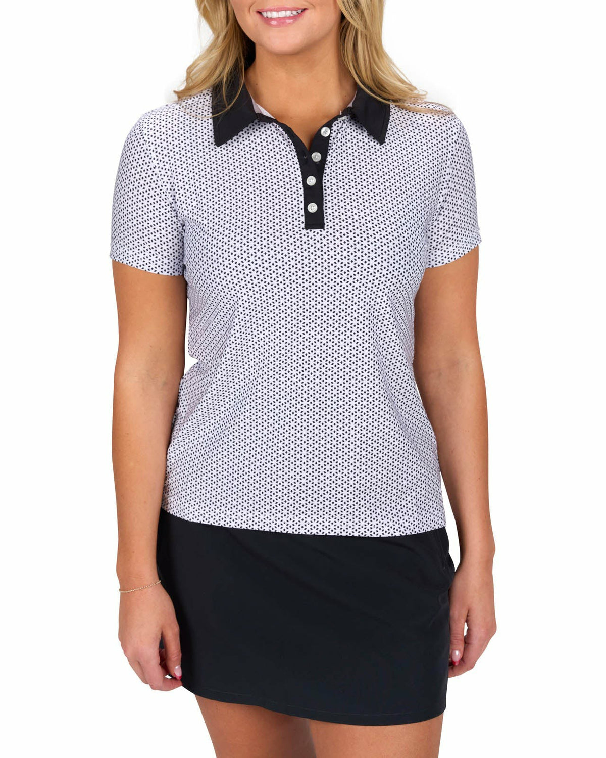 Women's White and Black Patterened Active Polo