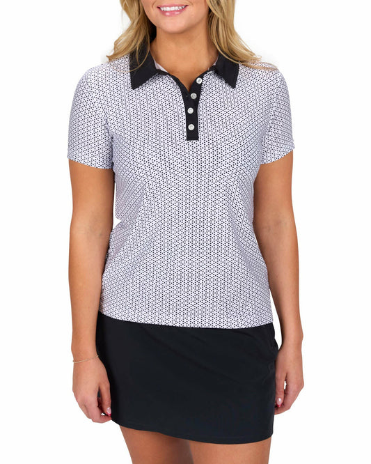 Women's White and Black Patterened Active Polo