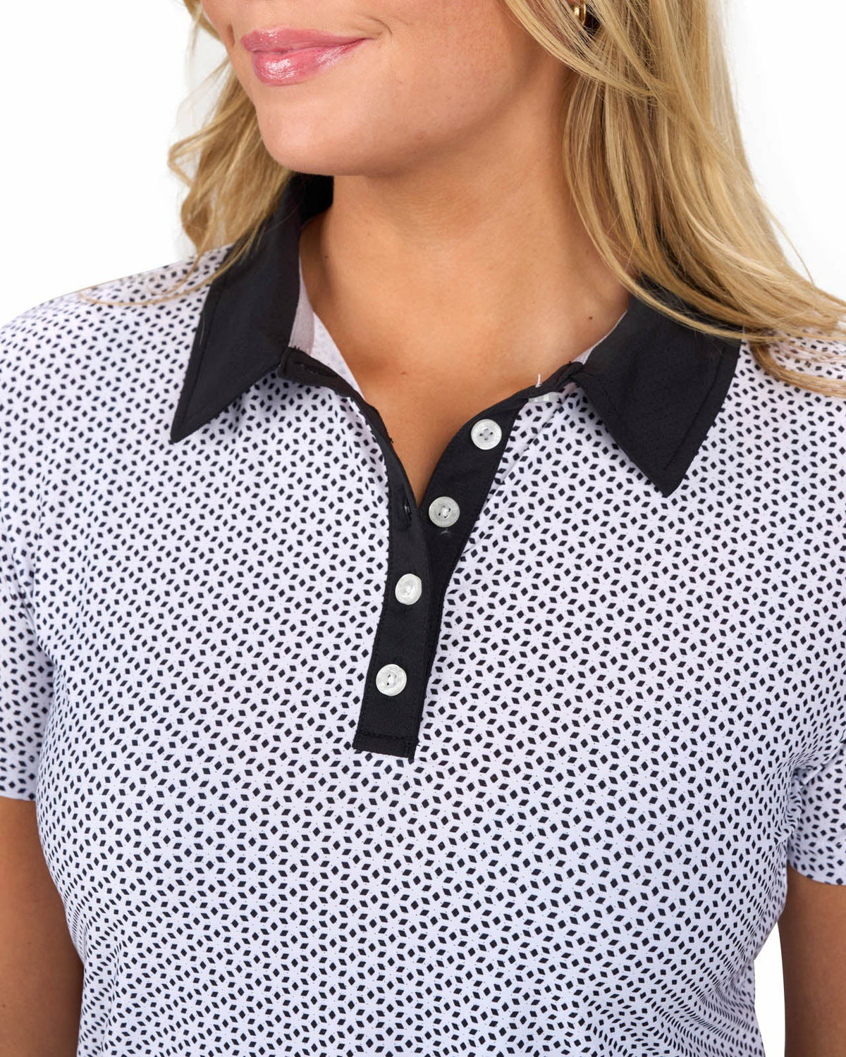 Women's White and Black Patterened Active Polo