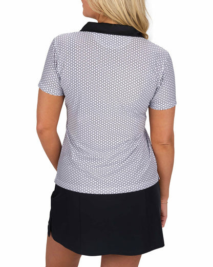Women's White and Black Patterened Active Polo