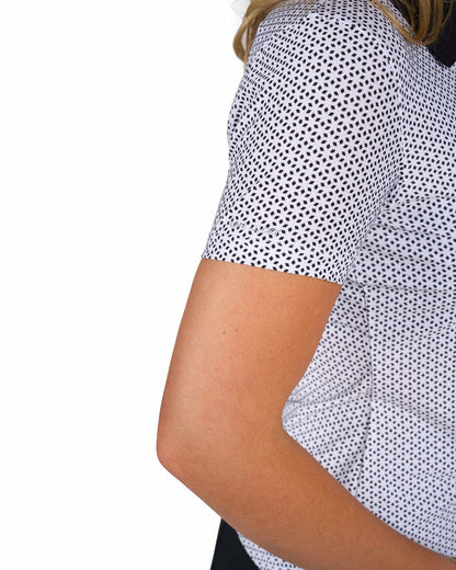 Women's White and Black Patterened Active Polo