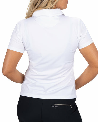 Slightly Fitted Women's Five-Button White Polo with Accent Piping on Placket