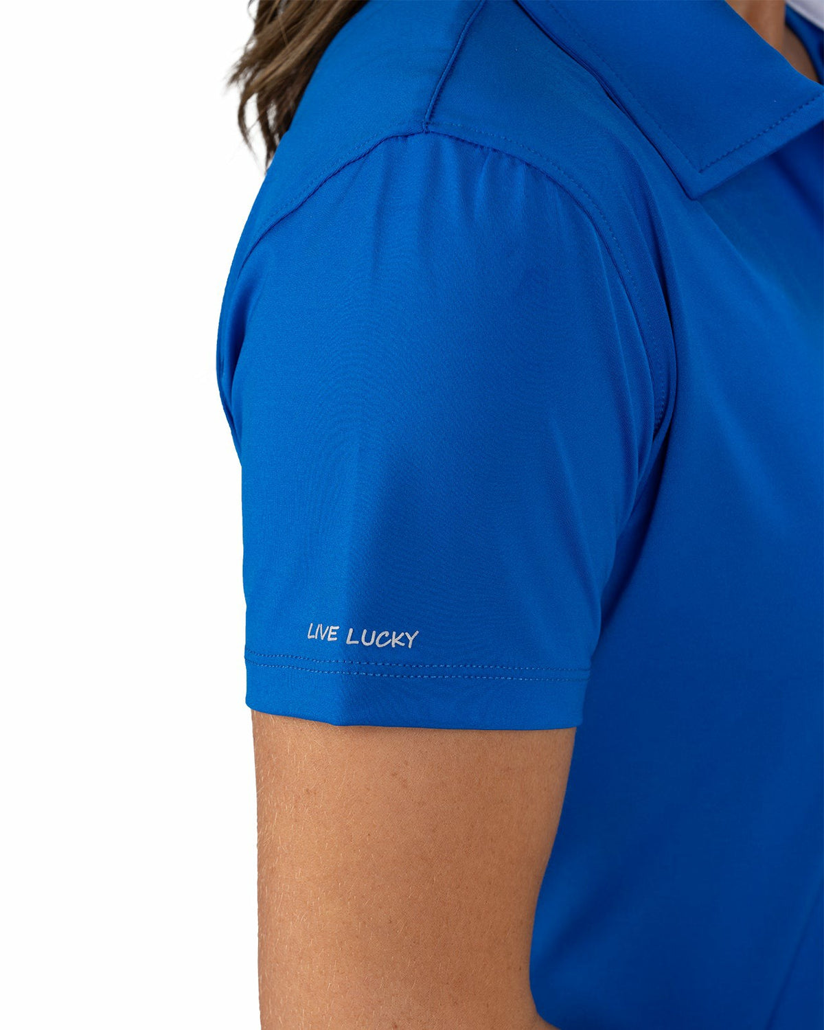 Slightly Fitted Women's Five-Button Royal Blue Polo with Accent Piping on Placket
