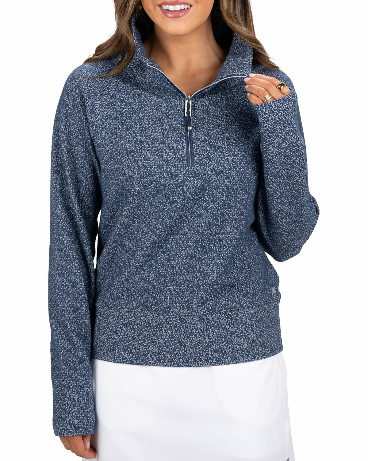 Women's Navy and White Textured Quarter-Zip Pullover